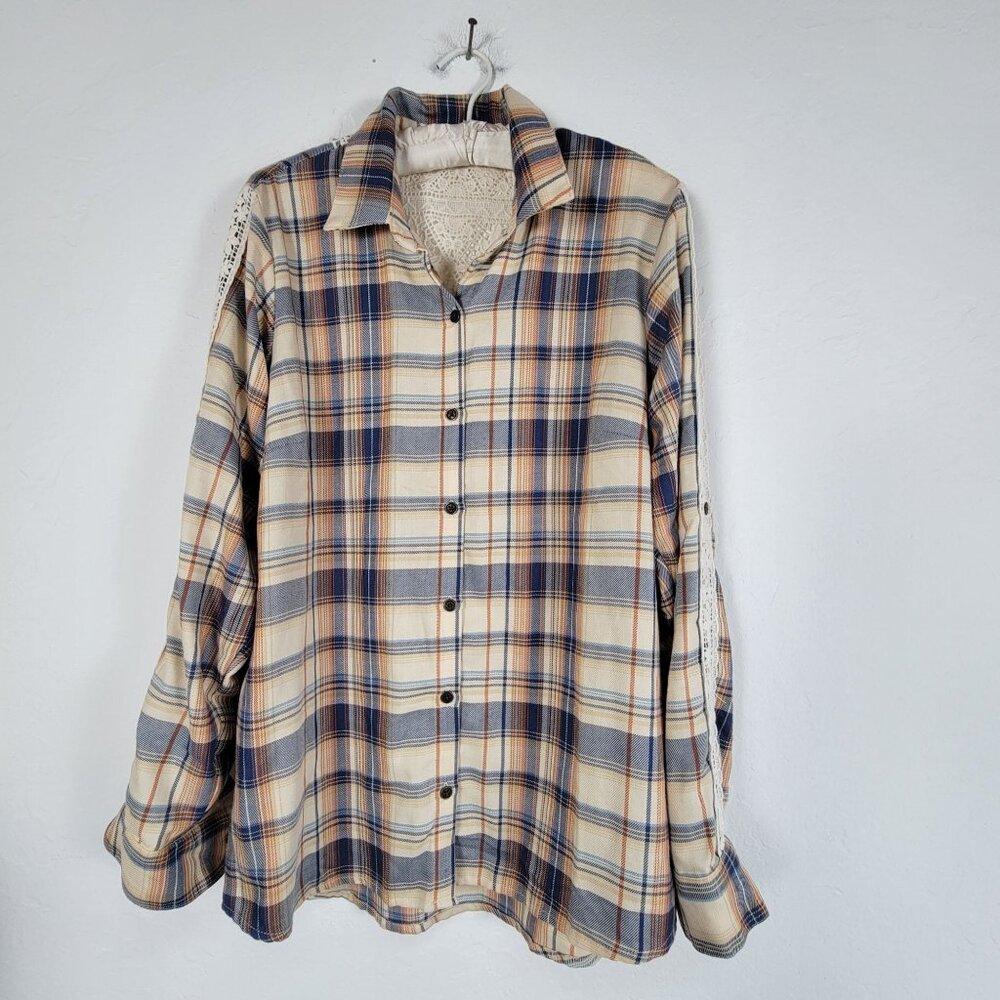 Kate & Sam Womens Lace-Accent Plaid Button-Up Shirt Small Long Sleeve Casual